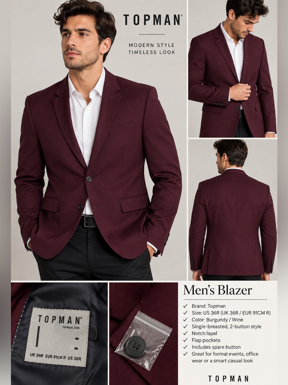 Topman Men’s Burgundy Wine Blazer Suit Jacket Size 36R Slim Fit